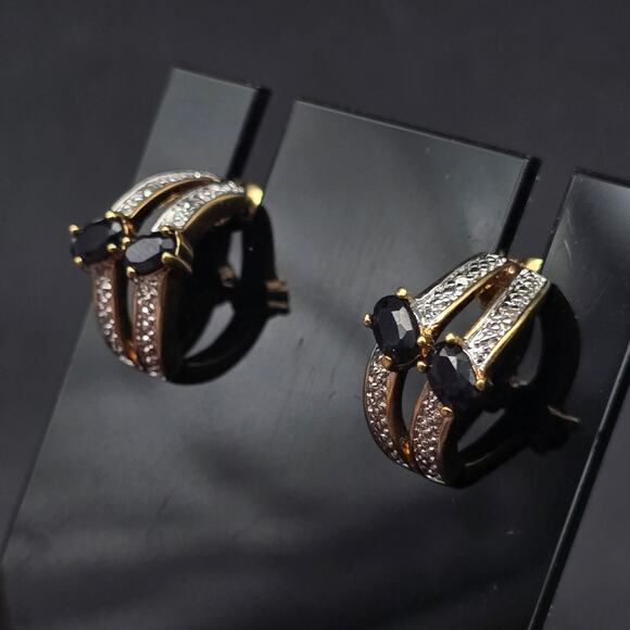 Dark Blue Sapphire Diamond Chip Earrings Curved Half Hoop Gold Plated - Picture 2 of 8